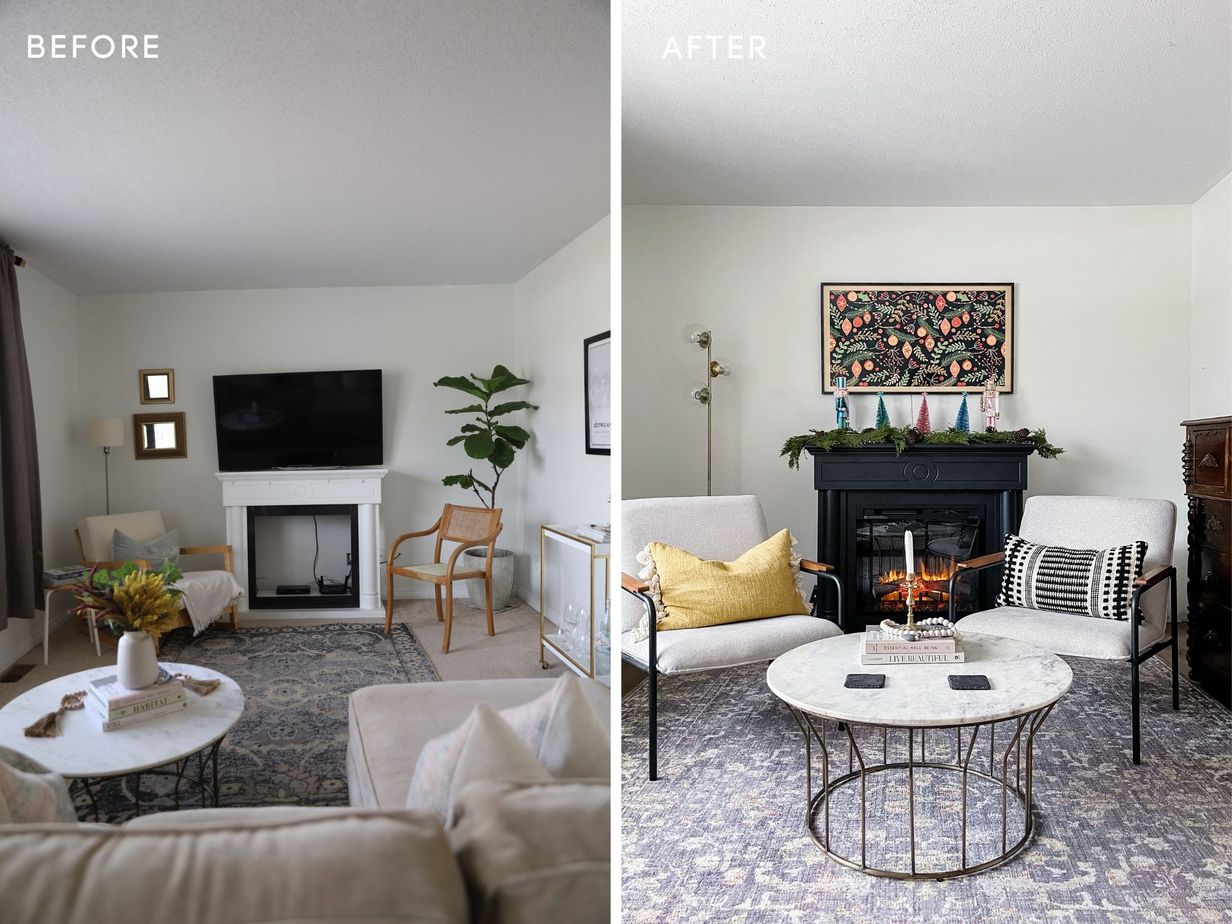 How we Made Over our Small Living Room with a Hand-me-down Sofa and a Thrifted Fireplace