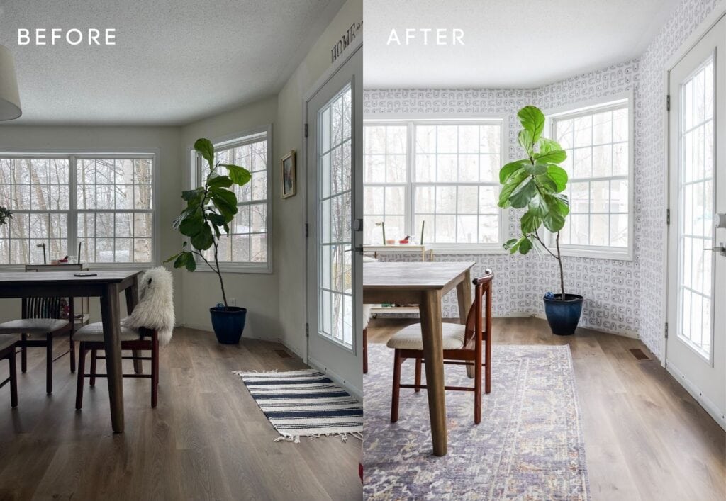 before and after bold wallpaper in dining room