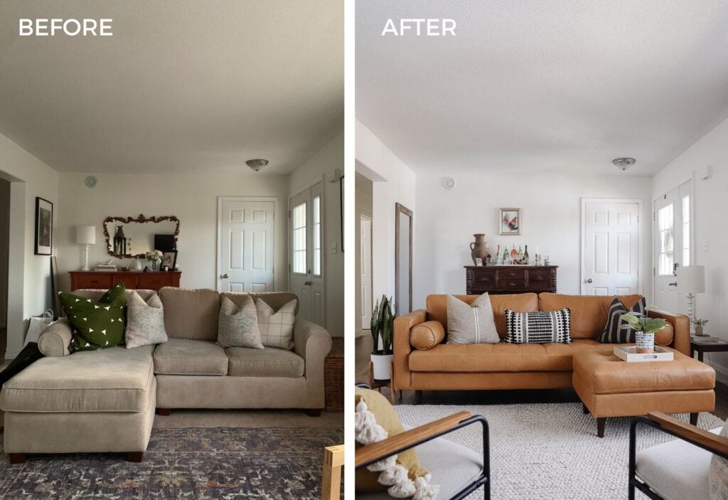 before and after bungalow living room with article