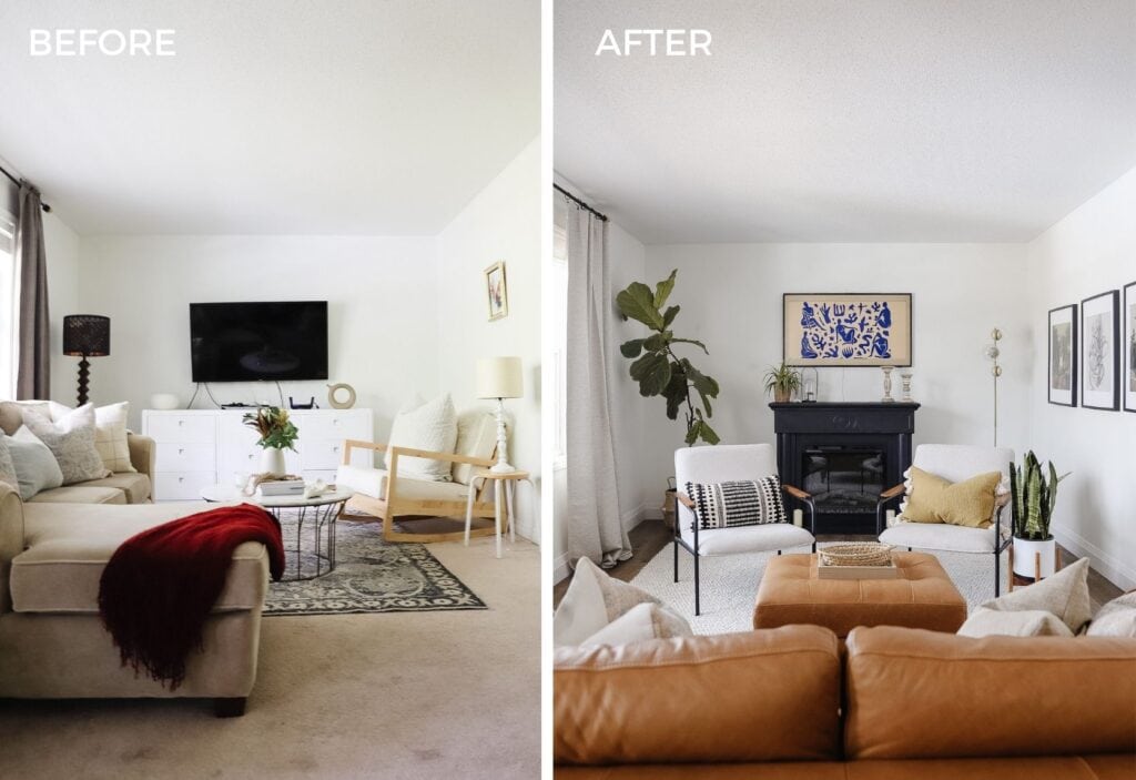 before and after of living room makeover